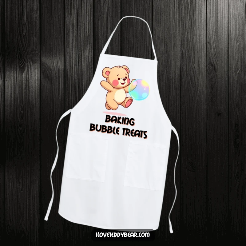 Funny Teddy Bear Apron: Teddy bear joyfully chasing a large, iridescent bubble, adding a whimsical touch to kitchen wear.