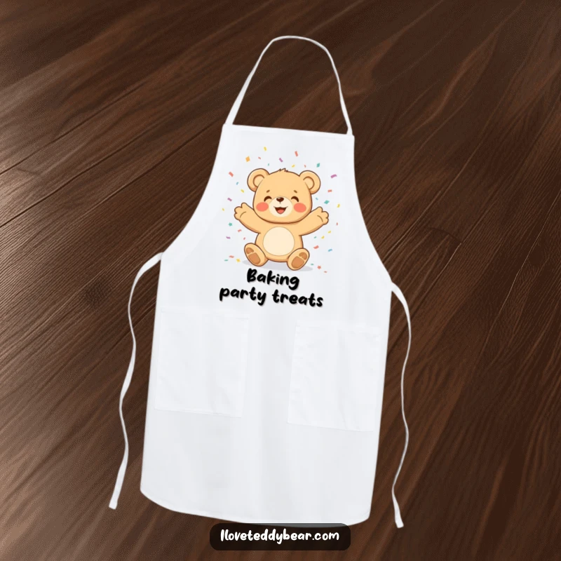 Funny teddy bear character joyfully throwing confetti, printed on a high-quality apron for festive cooking.