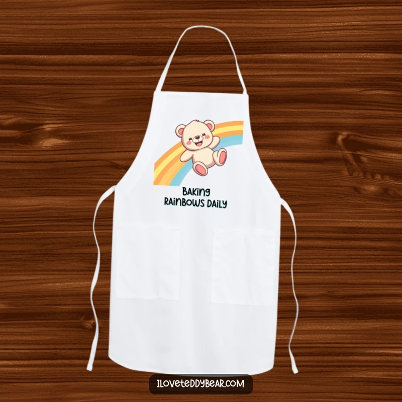 Funny Teddy Bear Apron with a happy bear sliding down a bright rainbow, perfect for cooking and kitchen smiles.