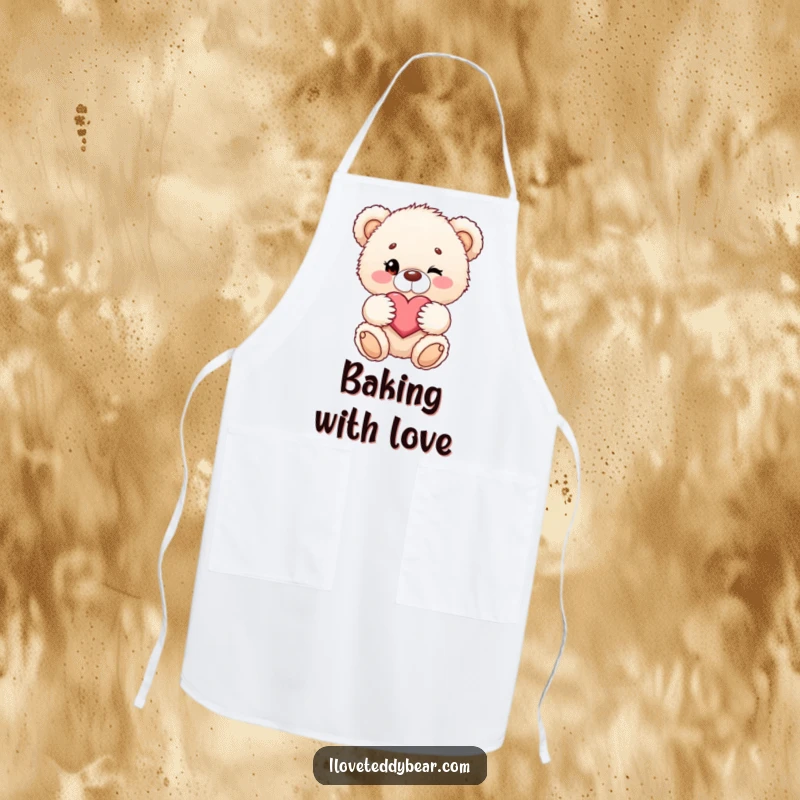 Funny apron with a fluffy teddy bear winking and holding a heart, ideal for kitchen fun.