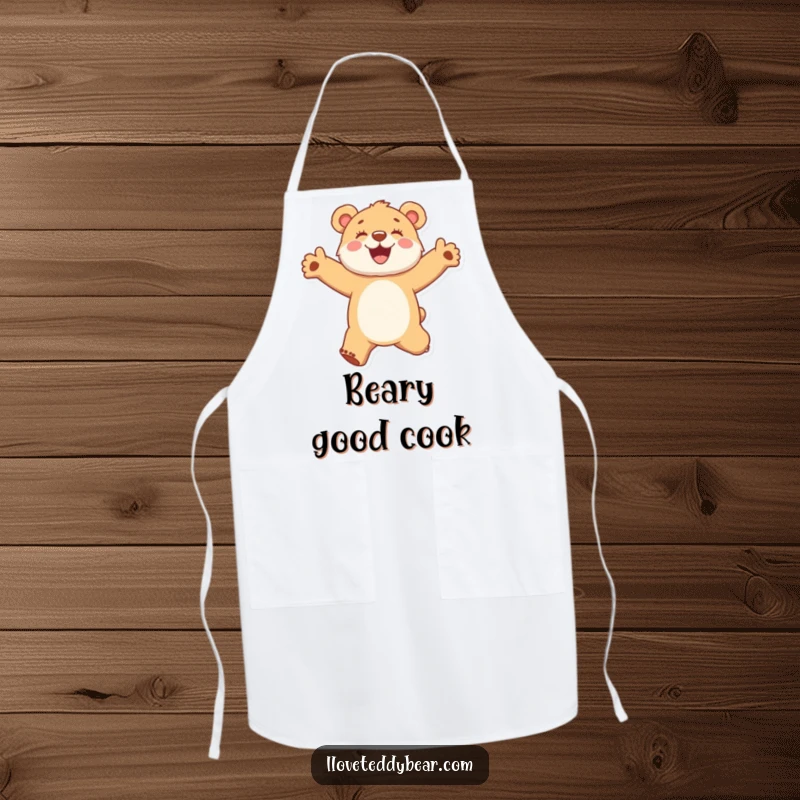 Funny apron depicting a fuzzy bear cub jumping with arms outstretched in a moment of pure joy, for kitchen fun.