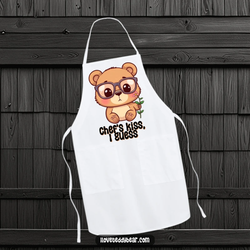Funny apron showing a bear in large glasses, looking surprised by a tiny flower, perfect for a cheerful kitchen.