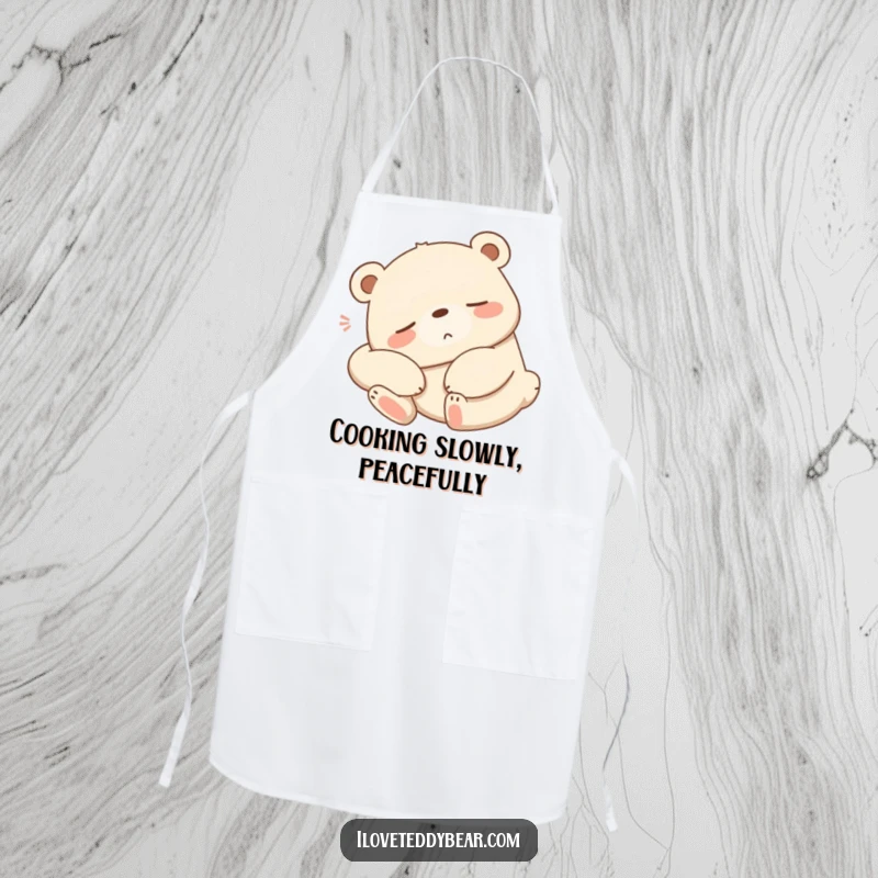 Funny sleepy bear apron, bear stretching lazily with a contented sigh, relaxed cartoon art, kitchen wear.