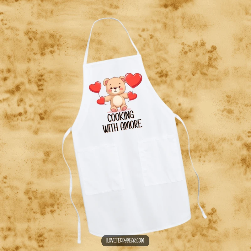 Funny Teddy Bear Apron showing a bear comically juggling three big red hearts, ideal for cooking and kitchen humor.