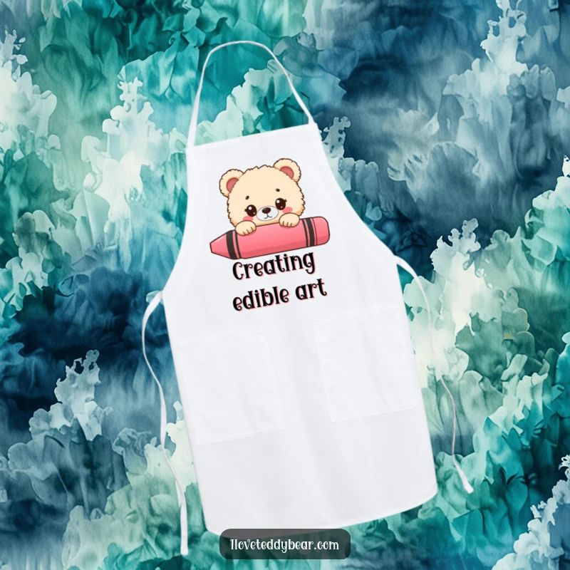 Funny bear apron, fluffy bear peeking behind a giant crayon, wide-eyed surprise, artistic kitchen wear.