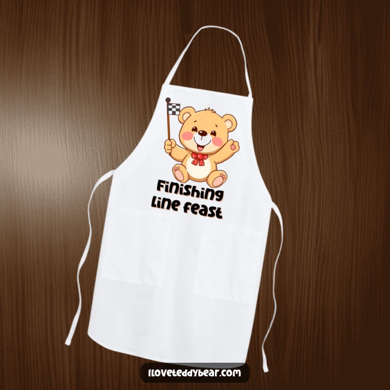 Funny Teddy Bear Racing Flag Apron: Teddy bear determinedly waves a checkered flag, bringing a winning spirit to the kitchen.