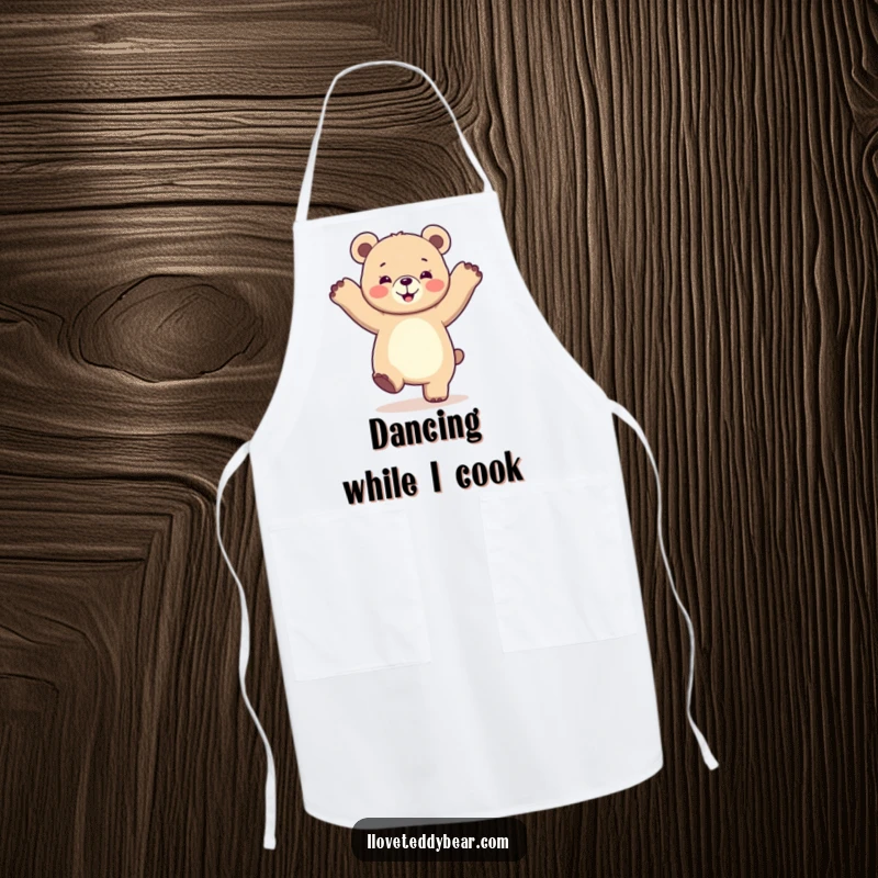 Funny apron depicting a bear enthusiastically dancing with its paws in the air, perfect for chefs who cook with rhythm.