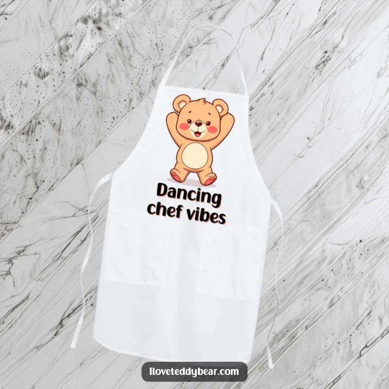 Funny apron showing a teddy bear dancing with arms in the air, ideal for a fun and energetic kitchen experience.