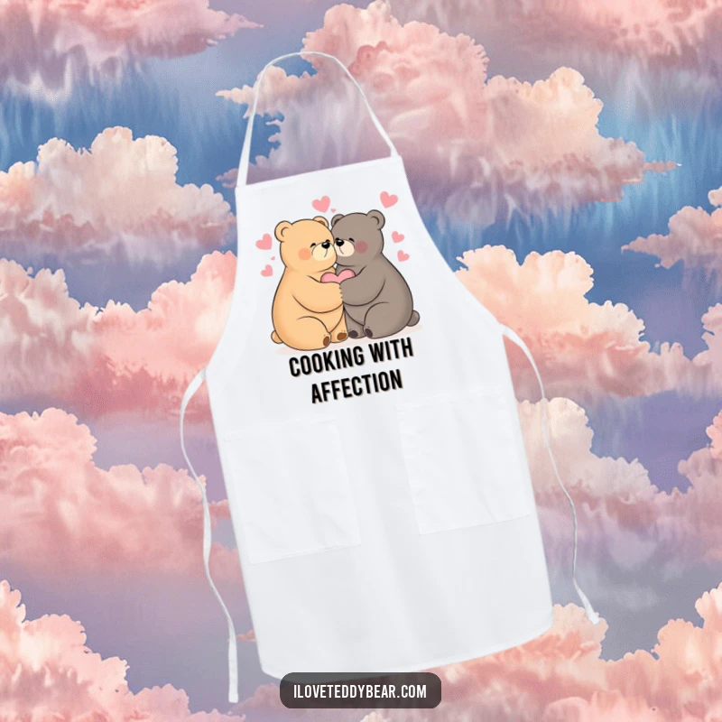 Funny apron showcasing two bears in a loving embrace, with hearts floating around, perfect for a cheerful kitchen.