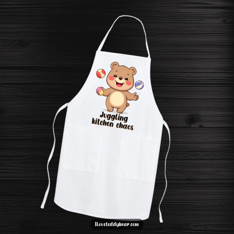 Funny apron with a cheerful bear juggling kitchen utensils, designed for cooks who want to add a playful touch to their culinary adventures.