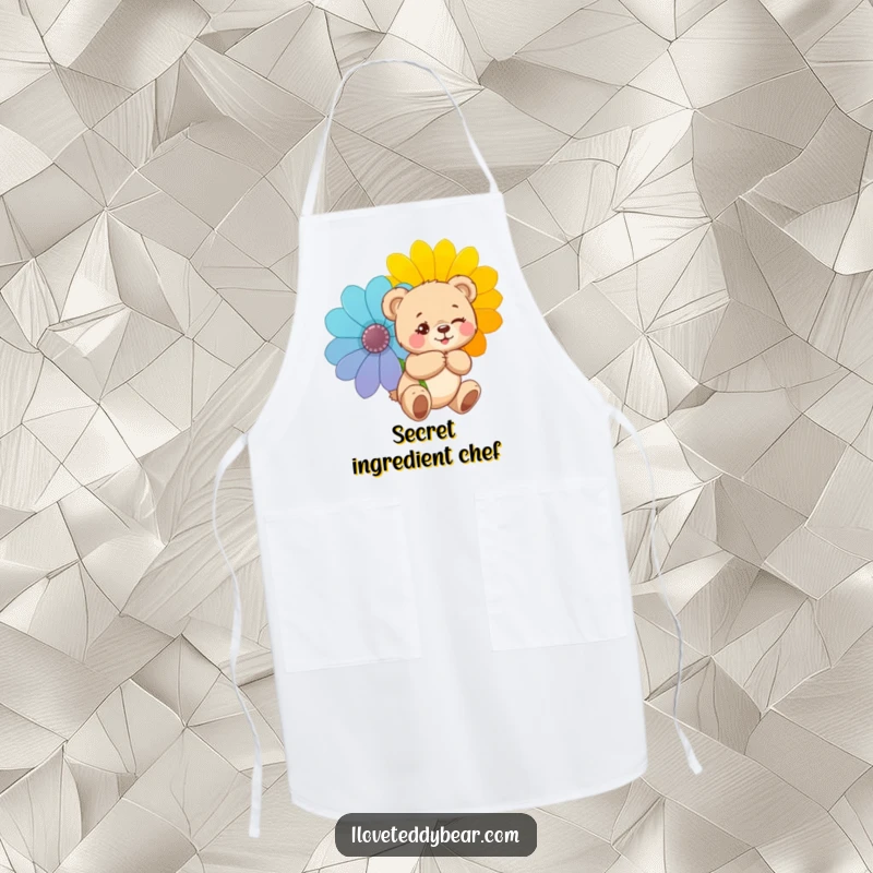 Funny apron showing a teddy bear winking mischievously and hiding a flower, ideal for a humorous and charming cooking experience.