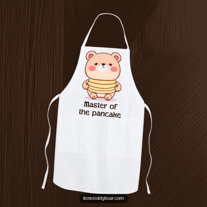Funny pancake bear apron, round bear with rosy cheeks balancing pancakes, cute cartoon art, kitchen accessory.