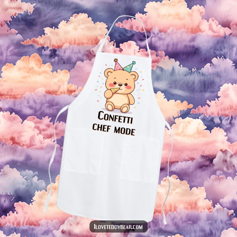 Funny Apron: A plump teddy bear in a party hat blows a confetti horn, celebrating kitchen creations with a whimsical and humorous flair.