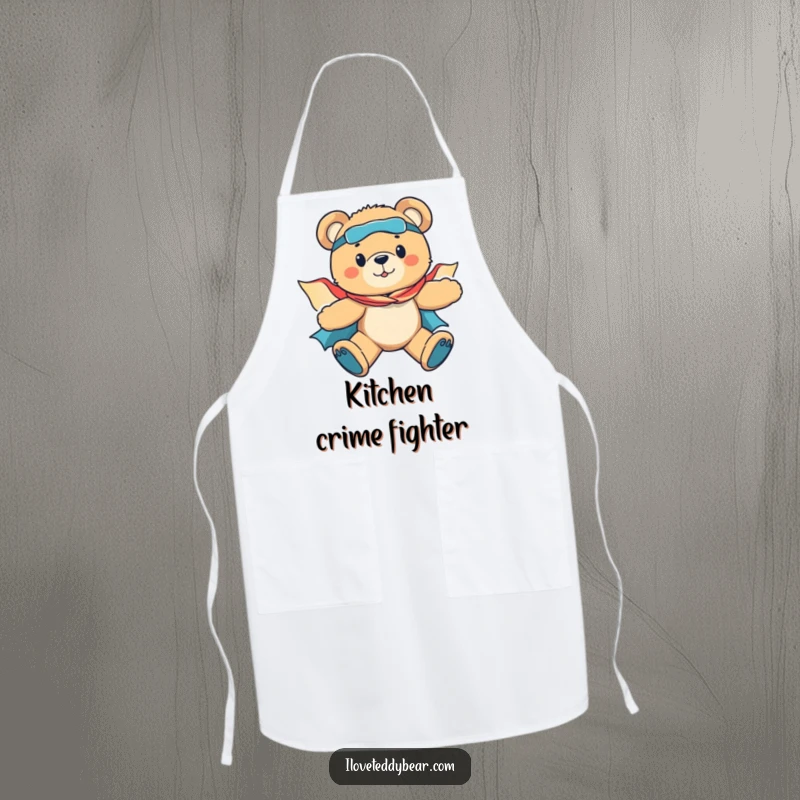 Funny apron featuring a brave teddy bear superhero flying with its cape spread wide, ready to add a dash of heroism to cooking.