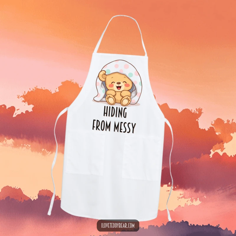 Funny Apron with a teddy bear giggling playfully from beneath a fun polka-dot blanket, perfect for keeping clothes clean with a smile.