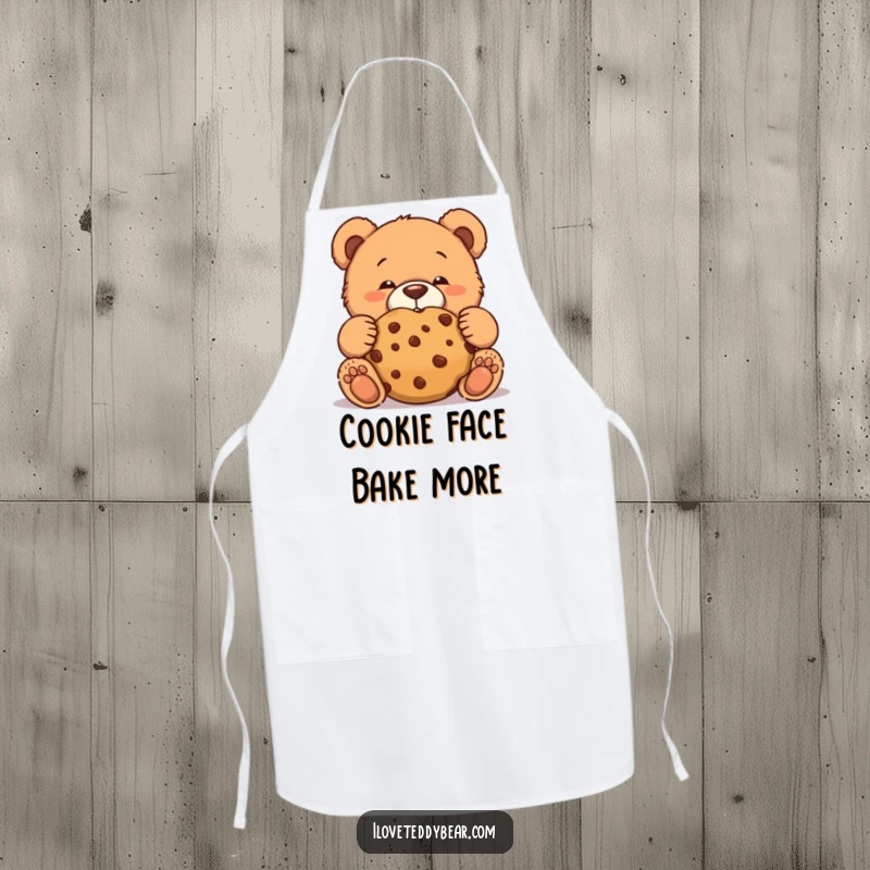 Funny teddy bear apron with a bear making a funny face while trying to eat a giant cookie discreetly.