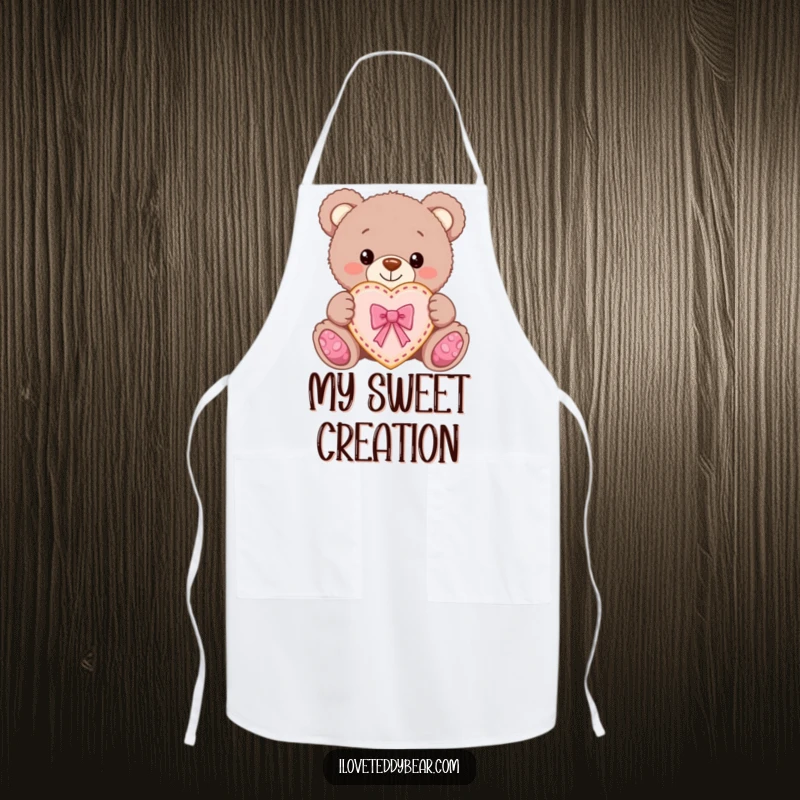 Funny Teddy Bear Cookie Apron: Teddy bear proudly offers a heart cookie with a bow, perfect for baking with love.