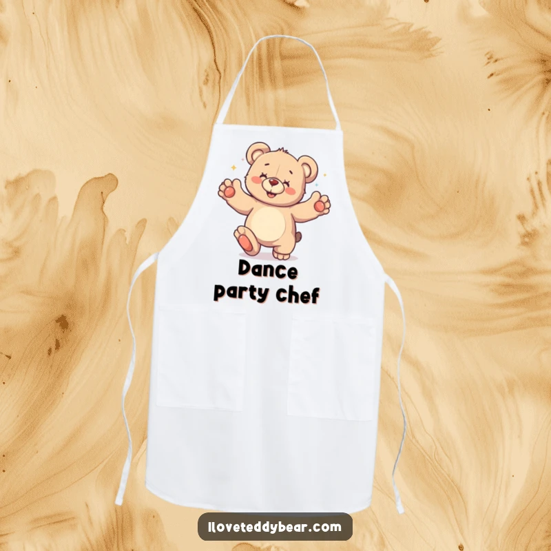 Funny Apron showing a teddy bear doing a silly dance with its paws in the air, bringing playful charm to the kitchen.