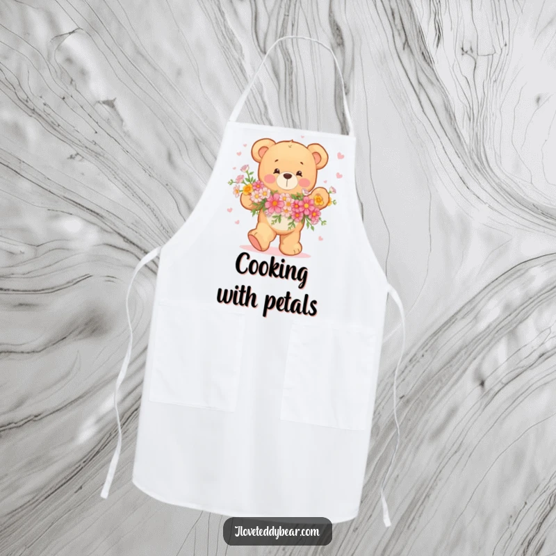 Funny Teddy Bear Apron with a joyous bear dancing with a bouquet of flowers, perfect for cooking and kitchen cheer.