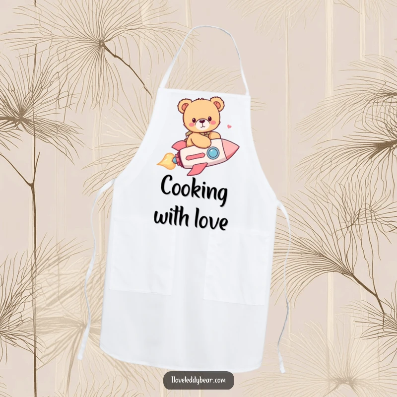 Funny apron featuring a joyful teddy bear riding a heart-shaped rocket, ready to add a dash of cosmic fun to culinary creations.