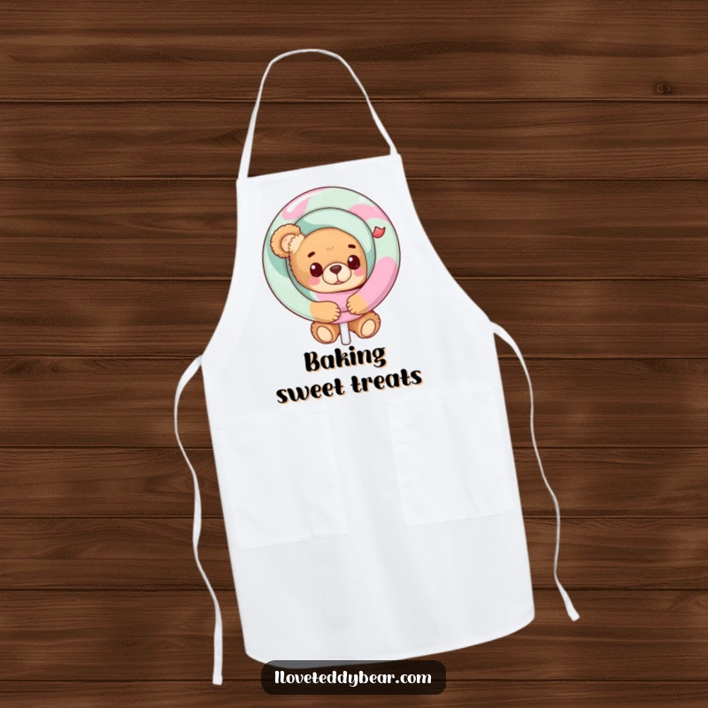 Funny Teddy Bear Apron with a bear peeking from behind a giant lollipop, perfect for cooking and kitchen sweetness.