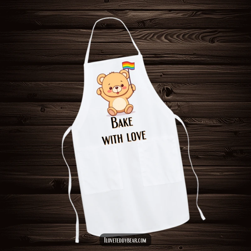 Funny apron featuring a teddy bear enthusiastically waving a tiny rainbow flag, designed for kitchen use with prideful humor.