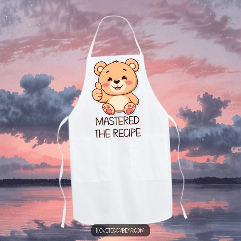 Funny apron with a teddy bear giving a thumbs up and a toothy smile, ideal for kitchen use and spreading positivity.