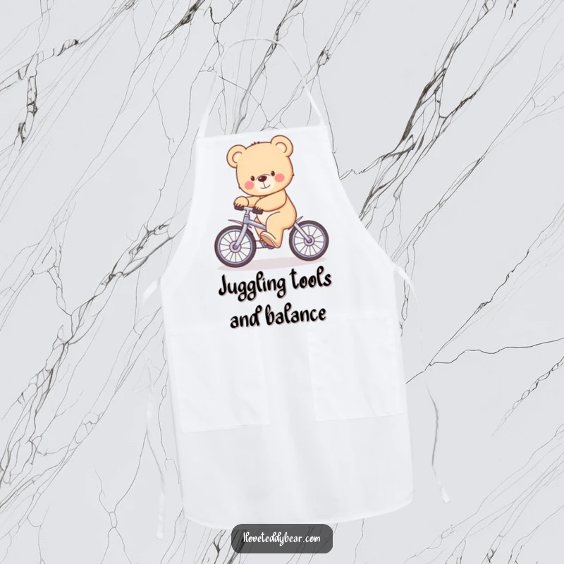 Funny Apron showing a teddy bear wobbling precariously on a small unicycle, designed to protect clothes with a generous dose of laughter.