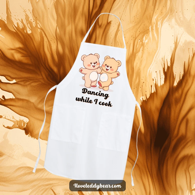 Funny Teddy Bear Apron: A kitchen apron adorned with two teddy bears dancing sillily, one with a comical grin, for fun culinary adventures.