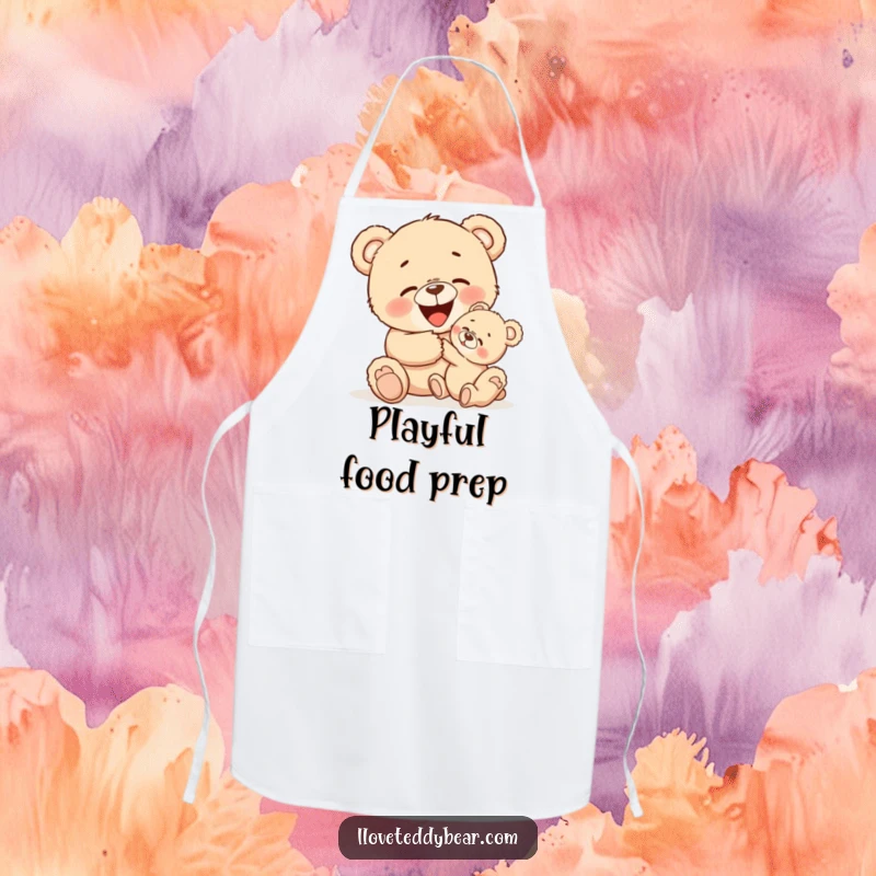 Funny apron featuring a teddy bear playfully tickling a smaller bear, capturing a moment of shared laughter and joy in the kitchen.