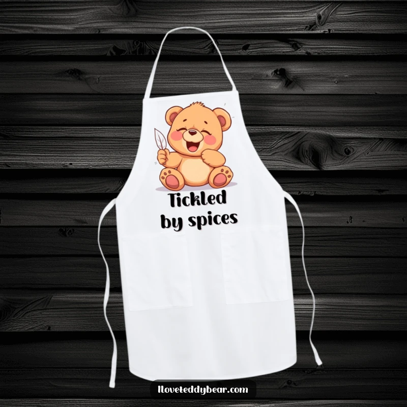 Funny Tickled Teddy Bear Apron: A cheerful apron featuring a teddy bear giggling from a feather tickle, adding playful fun to cooking, perfect funny gift.