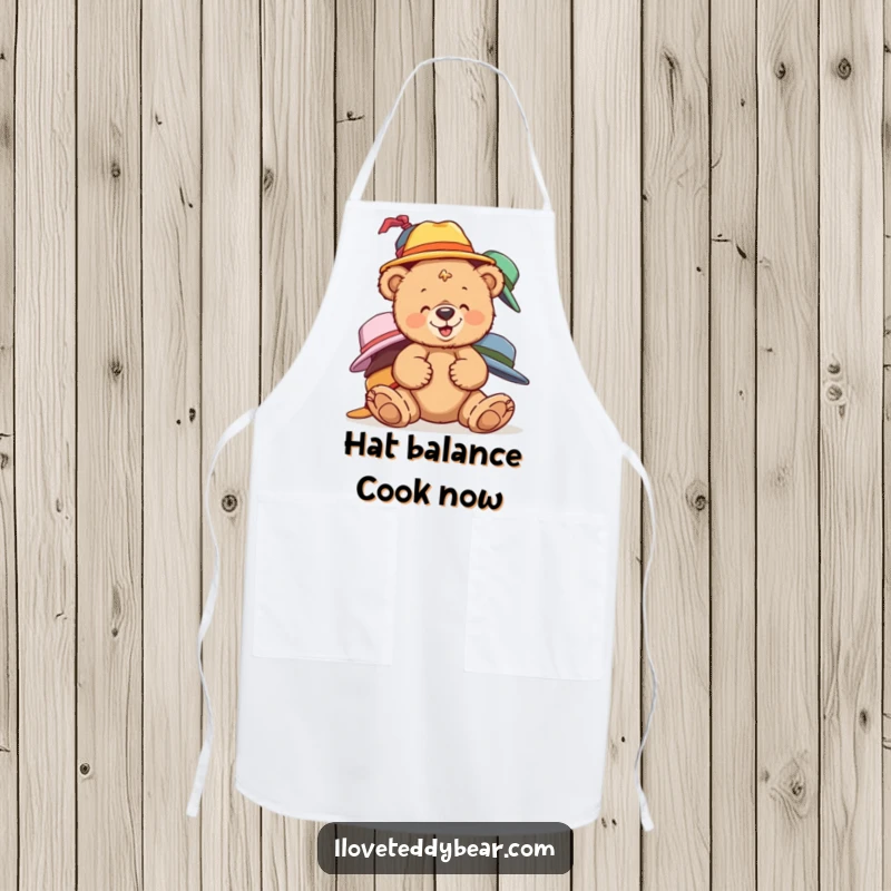 Funny teddy bear apron with a bear giggling while balancing mismatched hats, a humorous kitchen essential.