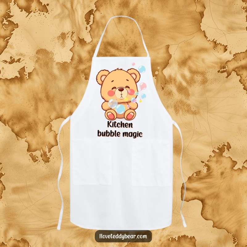 Funny apron showing a teddy bear blowing colorful bubbles, with rosy cheeks, ideal for kitchen activities and gifting.