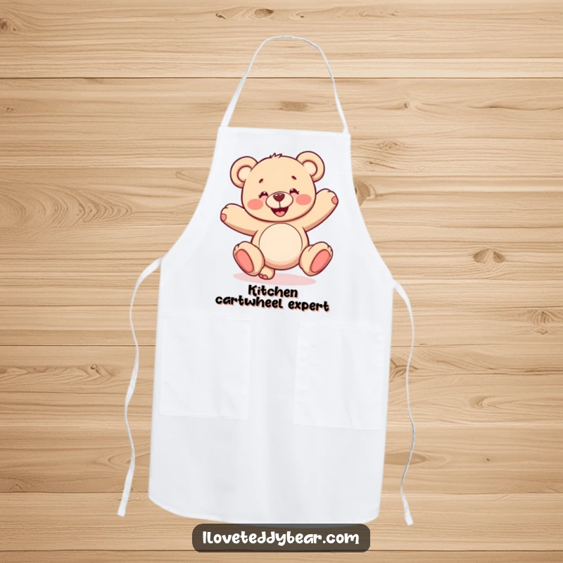 Funny kitchen apron featuring a happy teddy bear doing a shaky cartwheel. An amusing item for cooking and baking.