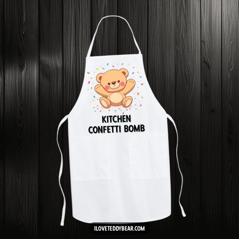 Funny apron with a teddy bear comically tripping and scattering confetti, ideal for embracing playful mess in the kitchen.