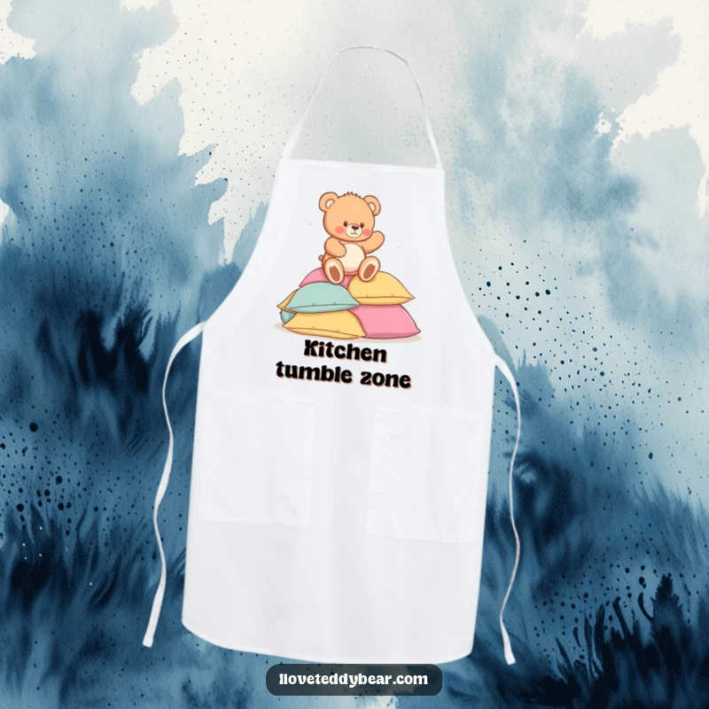 Funny apron featuring a cute teddy bear playfully tripping and landing on a pile of pillows, adding a touch of humor to cooking tasks.