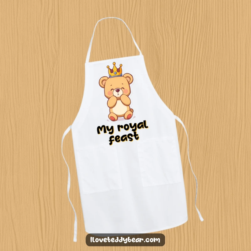 Funny apron adorned with a teddy bear wearing a crown, bowing with flair, perfect for a humorous and regal cooking experience.