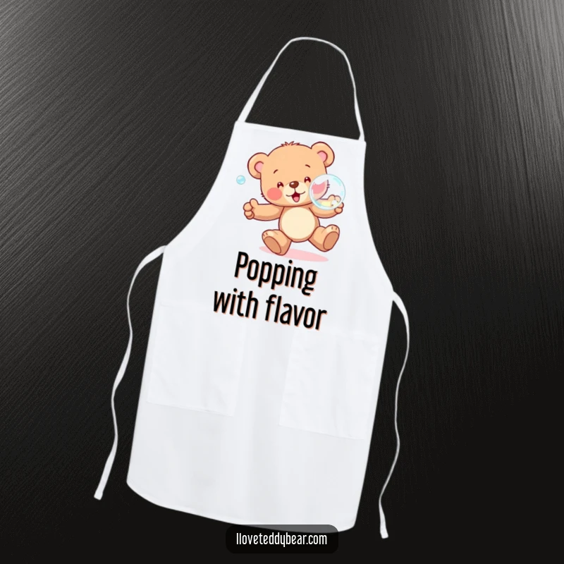 Funny Apron featuring a teddy bear joyfully chasing a large, iridescent bubble, perfect for adding a touch of playful fun to cooking.