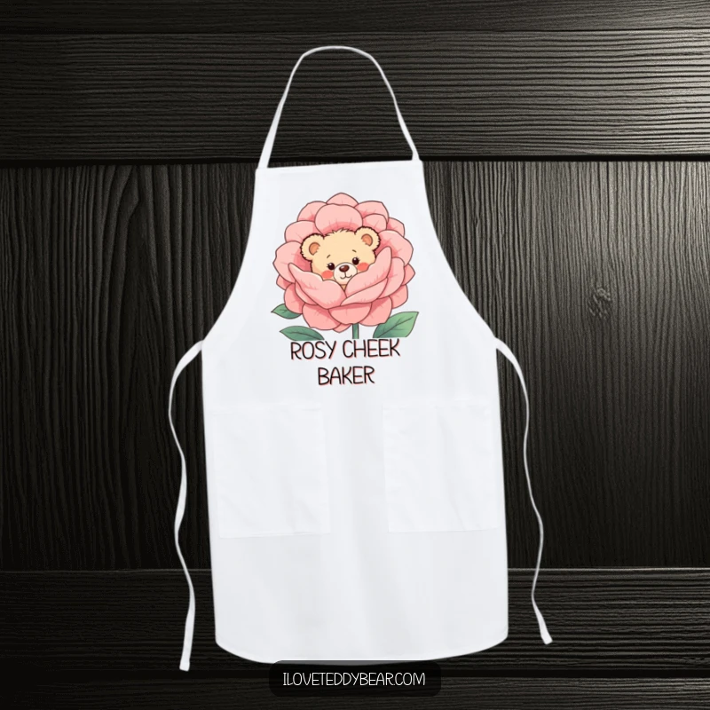 Funny Apron: A shy teddy bear with rosy cheeks peeks from behind a large blooming flower, adding a sweet and charming touch to kitchen wear.