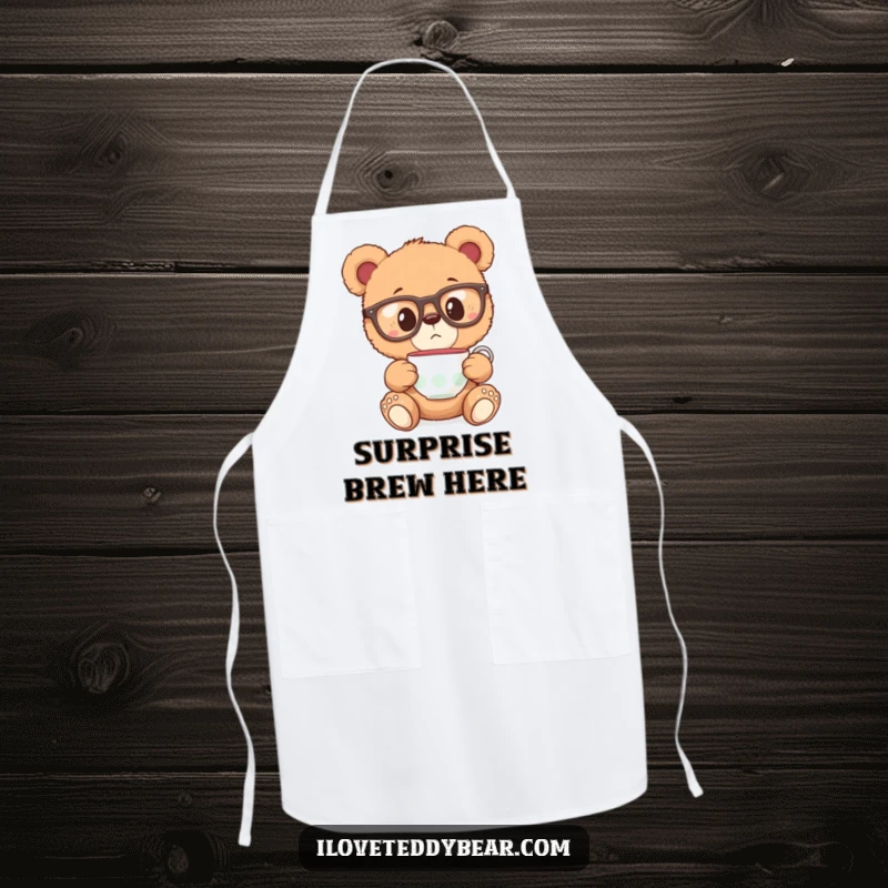 Funny apron with a teddy bear in oversized glasses, looking surprised at a floating teacup, ideal for whimsical kitchen moments.
