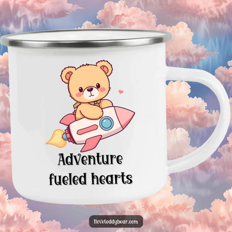 Funny camping mug showing a cute teddy bear soaring on a heart-shaped rocket, perfect for sipping hot beverages by the campfire.