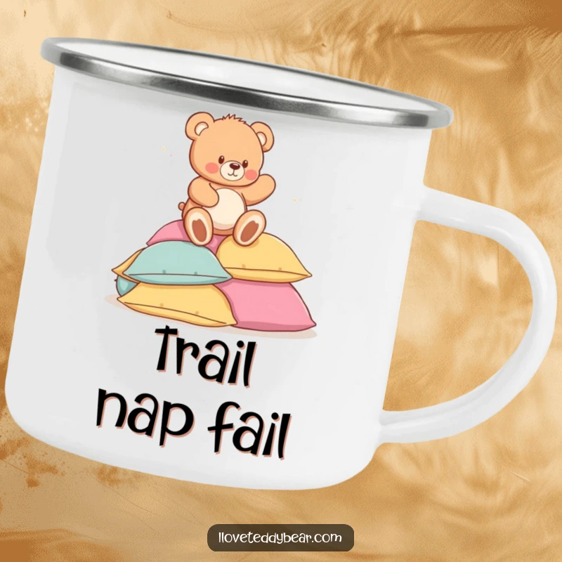 Funny camping mug with a cute teddy bear playfully tripping onto a stack of soft pillows, perfect for enjoying drinks around the campfire.