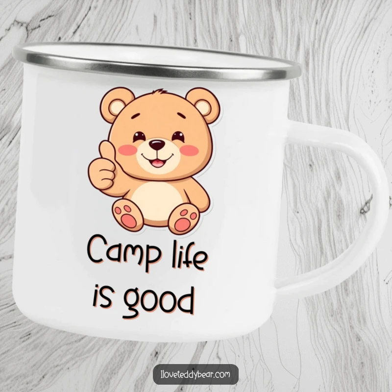 Funny camping mug with a teddy bear giving a thumbs up and a toothy smile, great for outdoor use and spreading cheer.