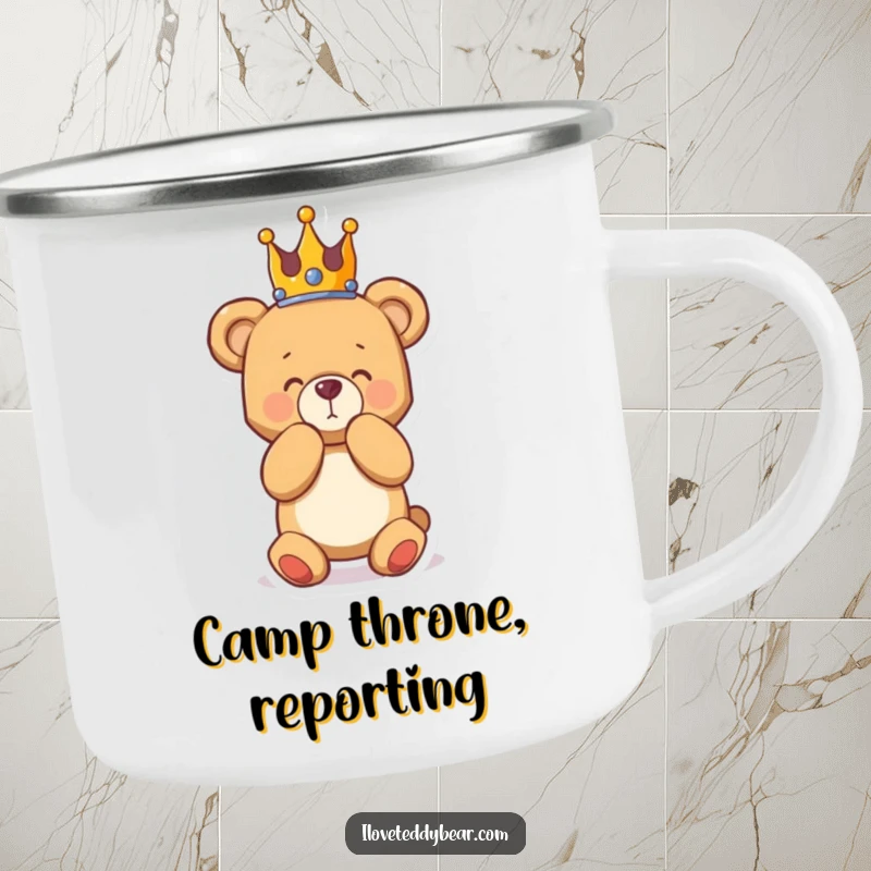 Funny camping mug featuring a teddy bear wearing a crown, bowing dramatically, perfect for enjoying beverages outdoors with regal amusement.