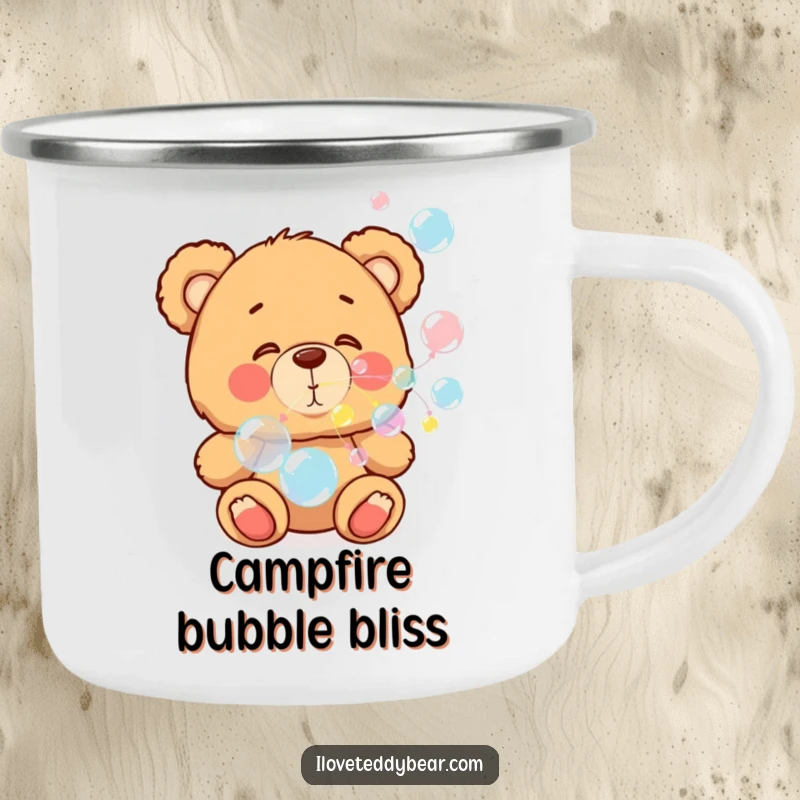 Funny camping mug with a teddy bear blowing colorful bubbles, great for outdoor enthusiasts and adding cheer to travels.