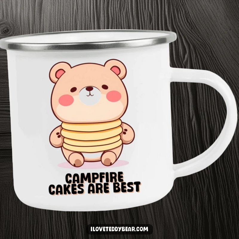 Funny pancake bear camping mug, round bear with rosy cheeks balancing pancakes, cute cartoon art, outdoor beverage ware.