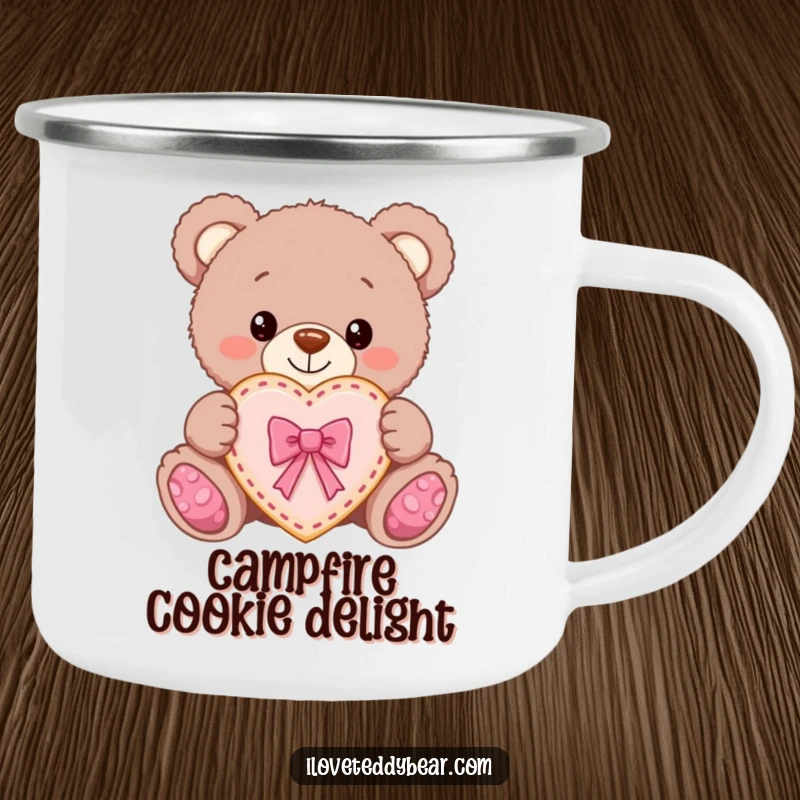 Funny Teddy Bear Cookie Camping Mug: Teddy bear proudly offers a heart cookie with a bow, perfect for sweet outdoor moments.