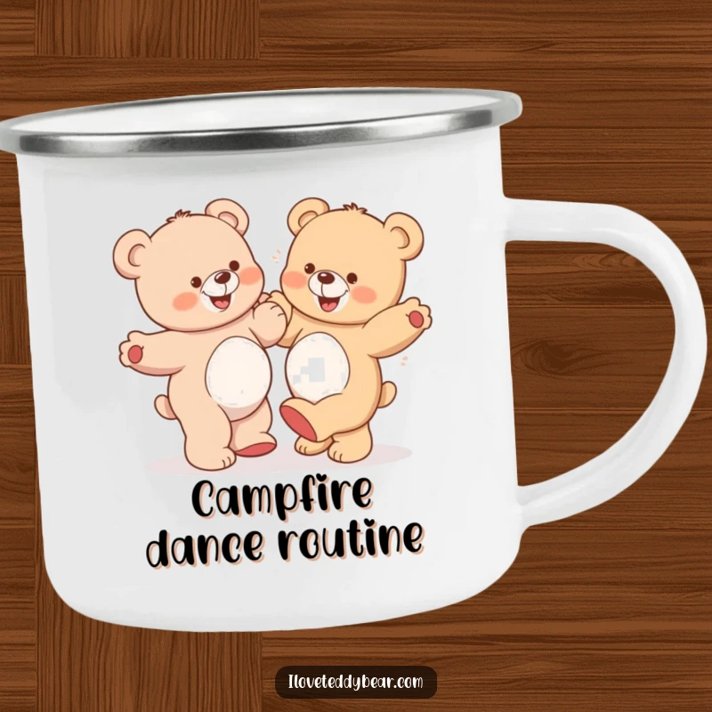 Funny Teddy Bear Camping Mug: A durable outdoor mug featuring two teddy bears dancing sillily, one with a comical grin, for camp fun.