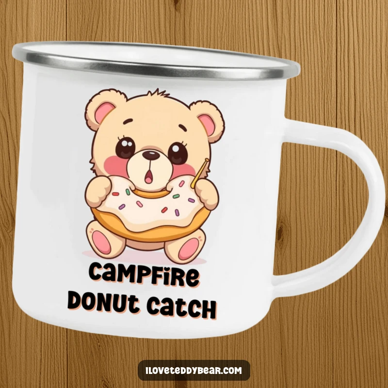 Funny Camping Mug: A surprised teddy bear catches a giant falling donut, ideal for enjoying sweet beverages during outdoor excursions.