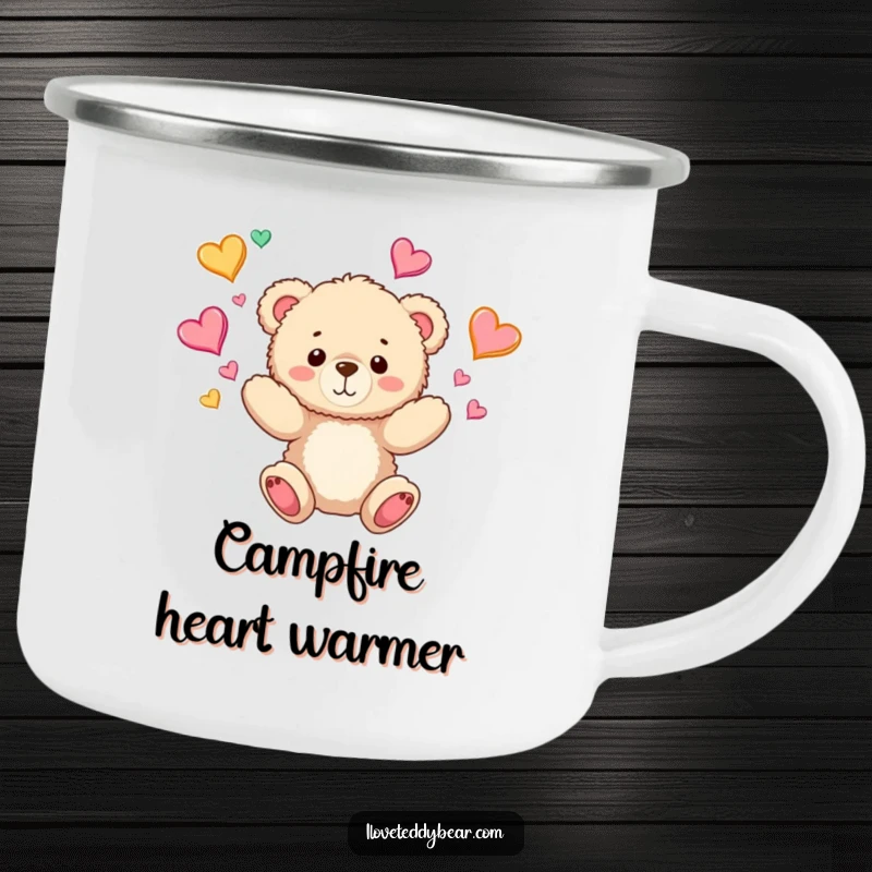 Funny Teddy Bear Camping Mug: A durable outdoor mug featuring a teddy bear juggling hearts, bringing love and playful charm to camp coffee.